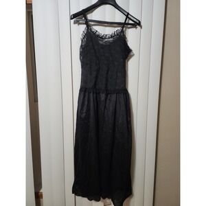 Vintage 70s Slip Dress Nightie Black Lace Maxi Vamp Fatale Sheer Long‎ USA